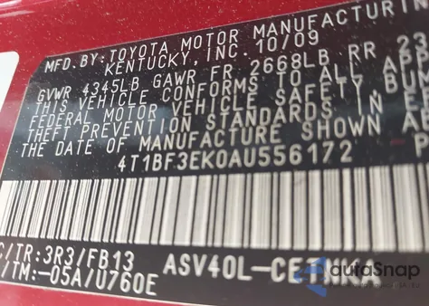 2010 Toyota Camry Le z USA, uszkodzony, nr VIN 4T1BF3EK0AU556172